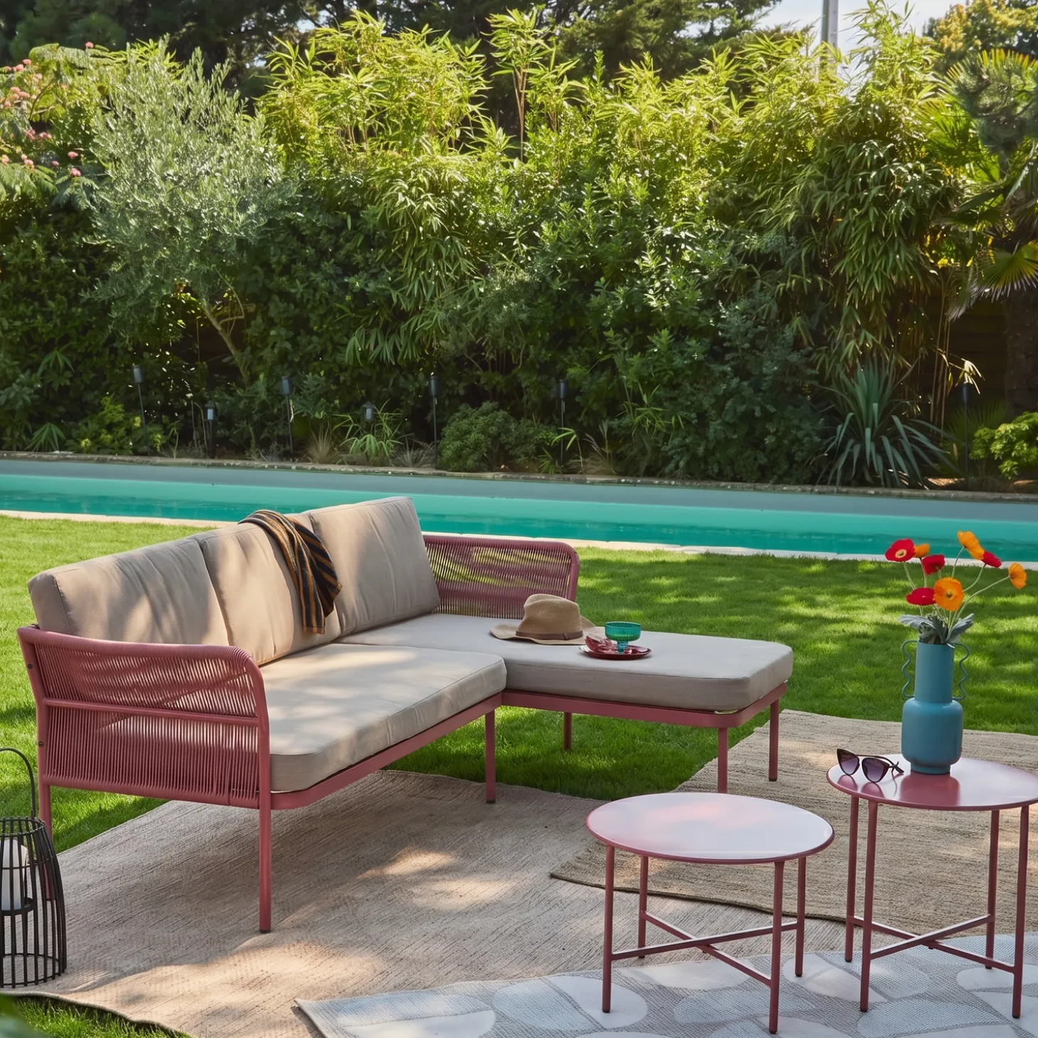 Conjunto de jardim de canto em aço e cordas, 4 lugares