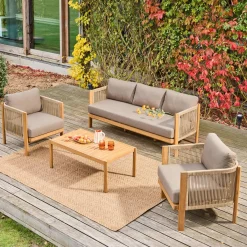 Conjunto de jardim em acácia e cordas, 5 lugares