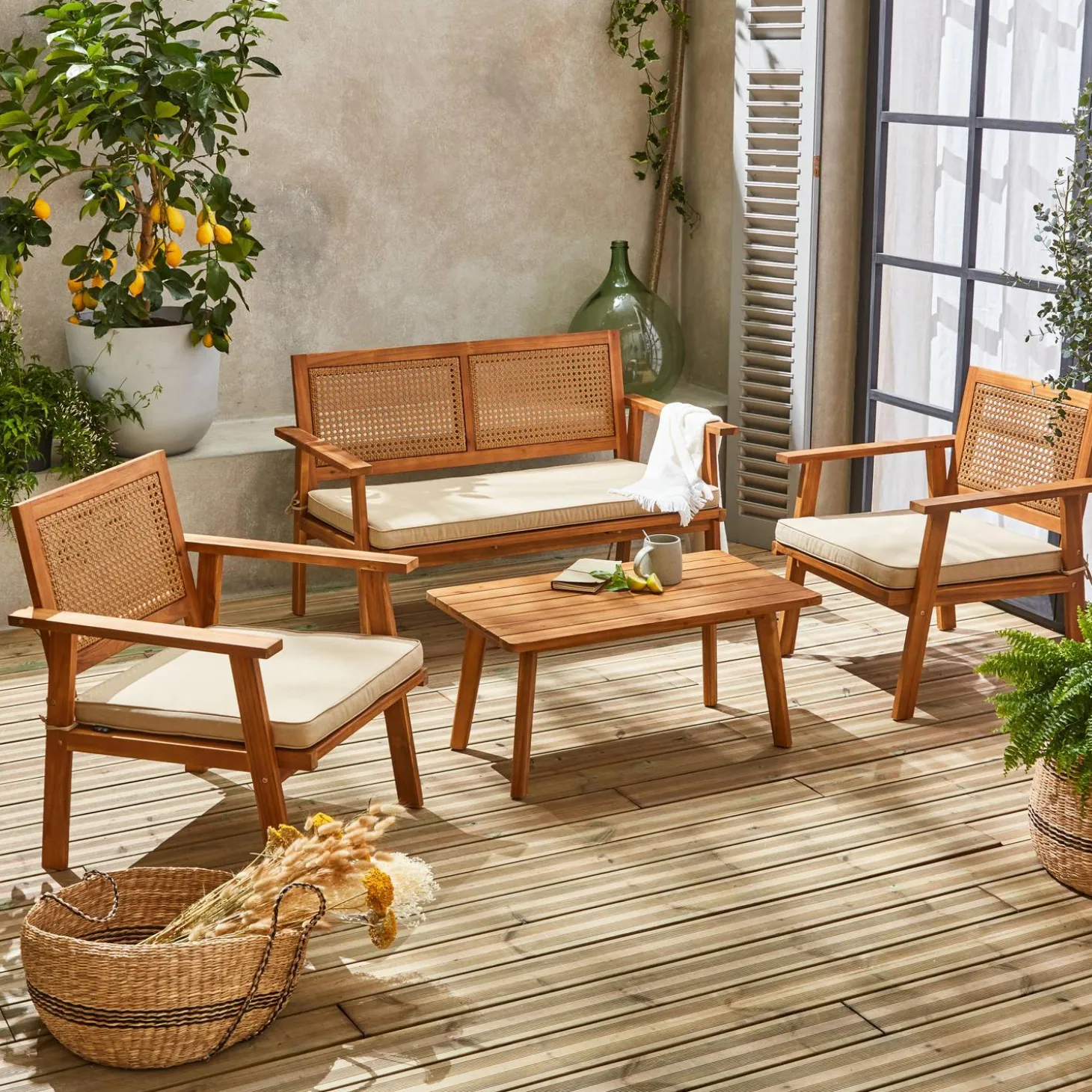 Conjunto de jardim em madeira de acácia e vime, 4 lugares
