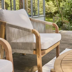 Conjunto de jardim em madeira de acácia e cordas 7 lugares