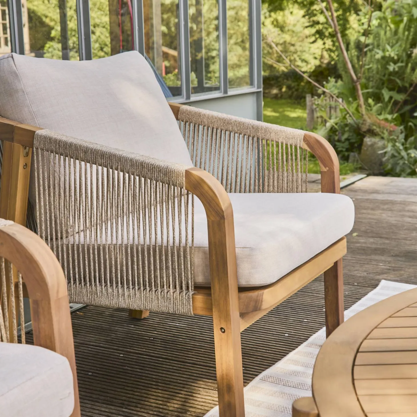 Conjunto de jardim em madeira de acácia e cordas 7 lugares