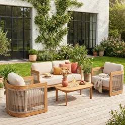 Conjunto de jardim em madeira de acácia e corda, 4 lugares