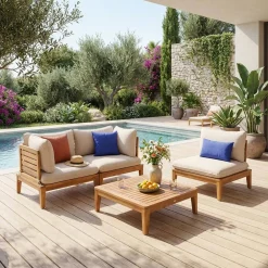 Conjunto de jardim modular em madeira de acácia com apoio de braços, 3 lugares