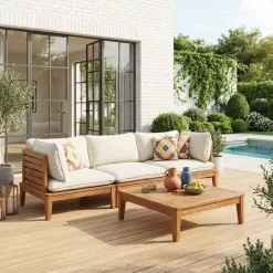 Conjunto de jardim modular em madeira de acácia e bouclé com apoio de braços, 3 lugares