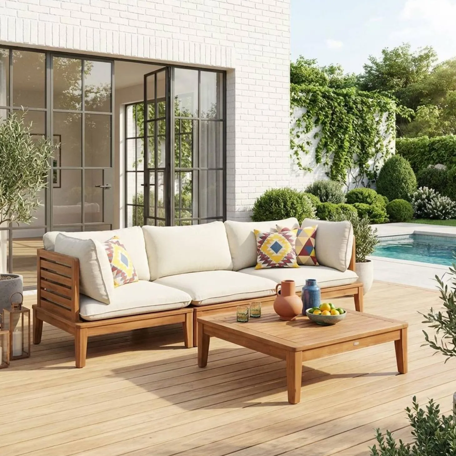 Conjunto de jardim modular em madeira de acácia e bouclé com apoio de braços, 3 lugares