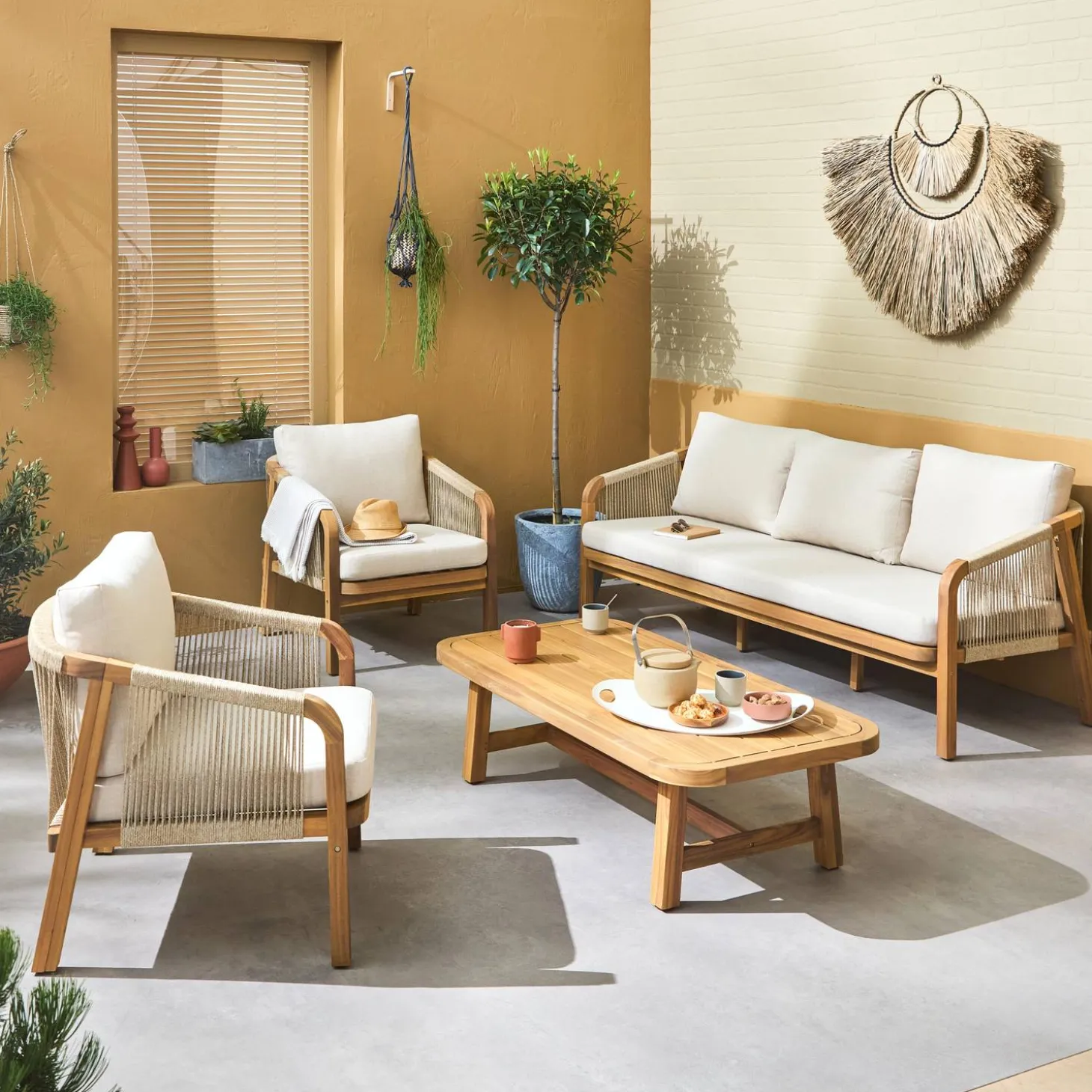Conjunto de jardim relax com sofá em madeira de acácia, 5 lugares