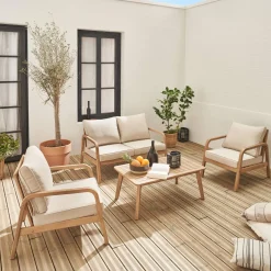 Conjunto de jardim relax com sofá em madeira de acácia