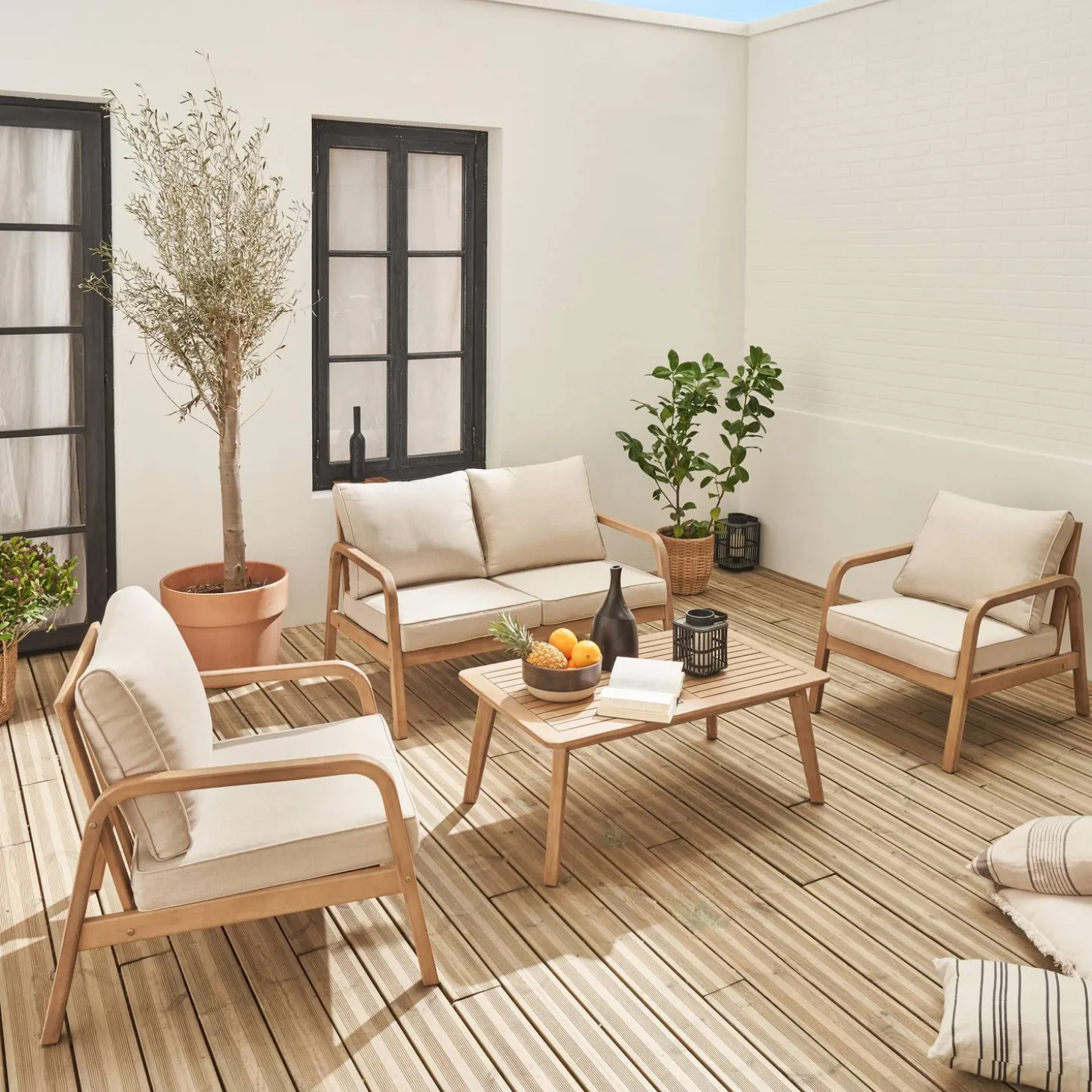 Conjunto de jardim relax com sofá em madeira de acácia
