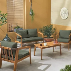 Conjunto de jardim relax de 4 lugares com sofá em madeira de acácia
