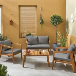 Conjunto de jardim relax de 4 lugares com sofá em madeira de acácia