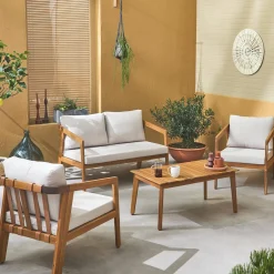 Conjunto de jardim relax de 4 lugares com sofá em madeira de acácia