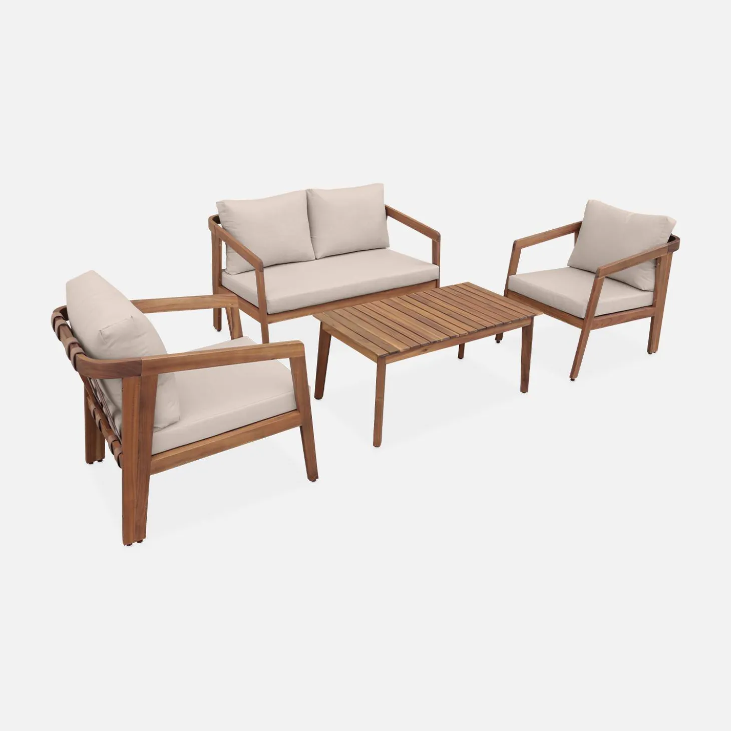 Conjunto de jardim relax de 4 lugares com sofá em madeira de acácia