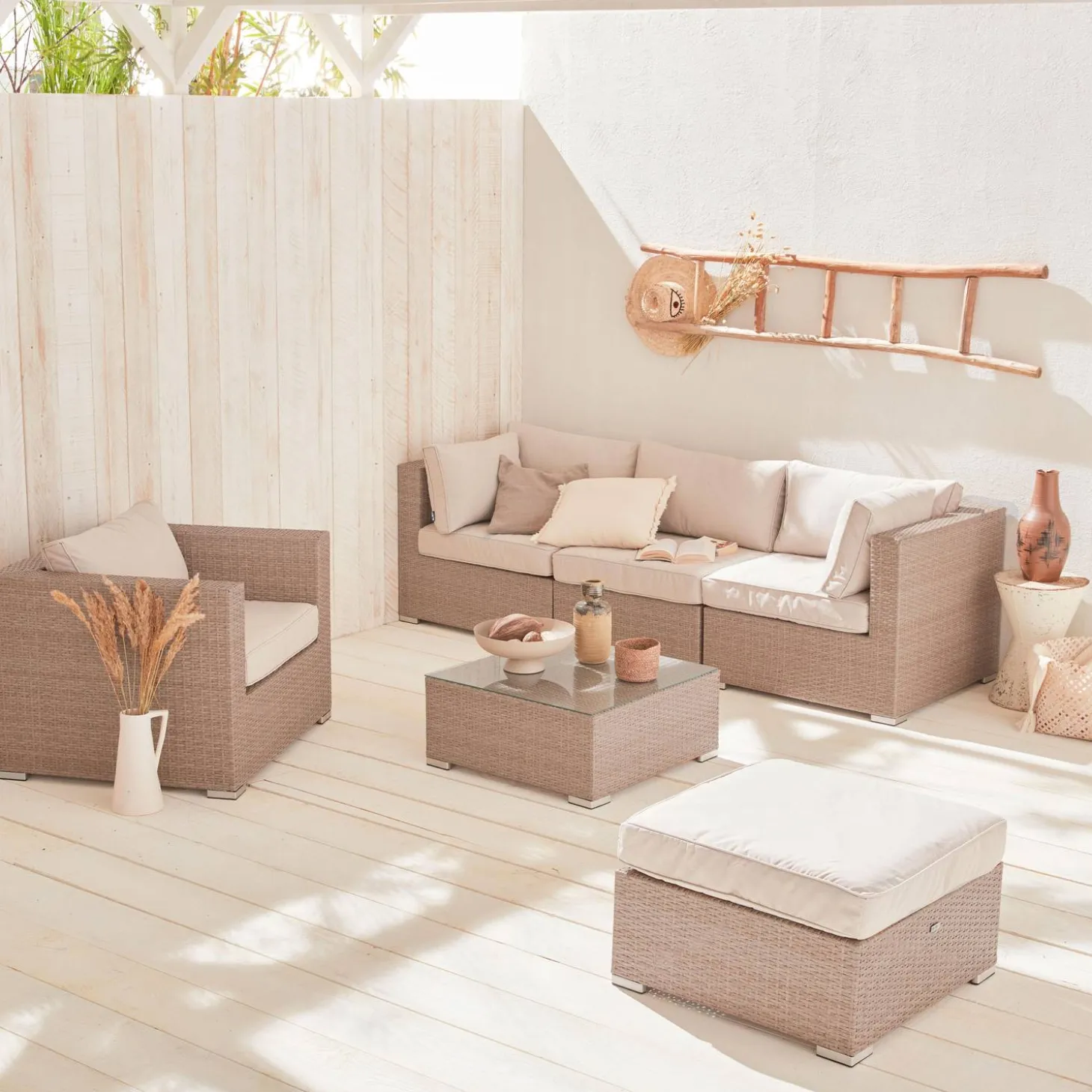 Conjunto de mobiliário de jardim com sofá em resina tecida de 5 lugares