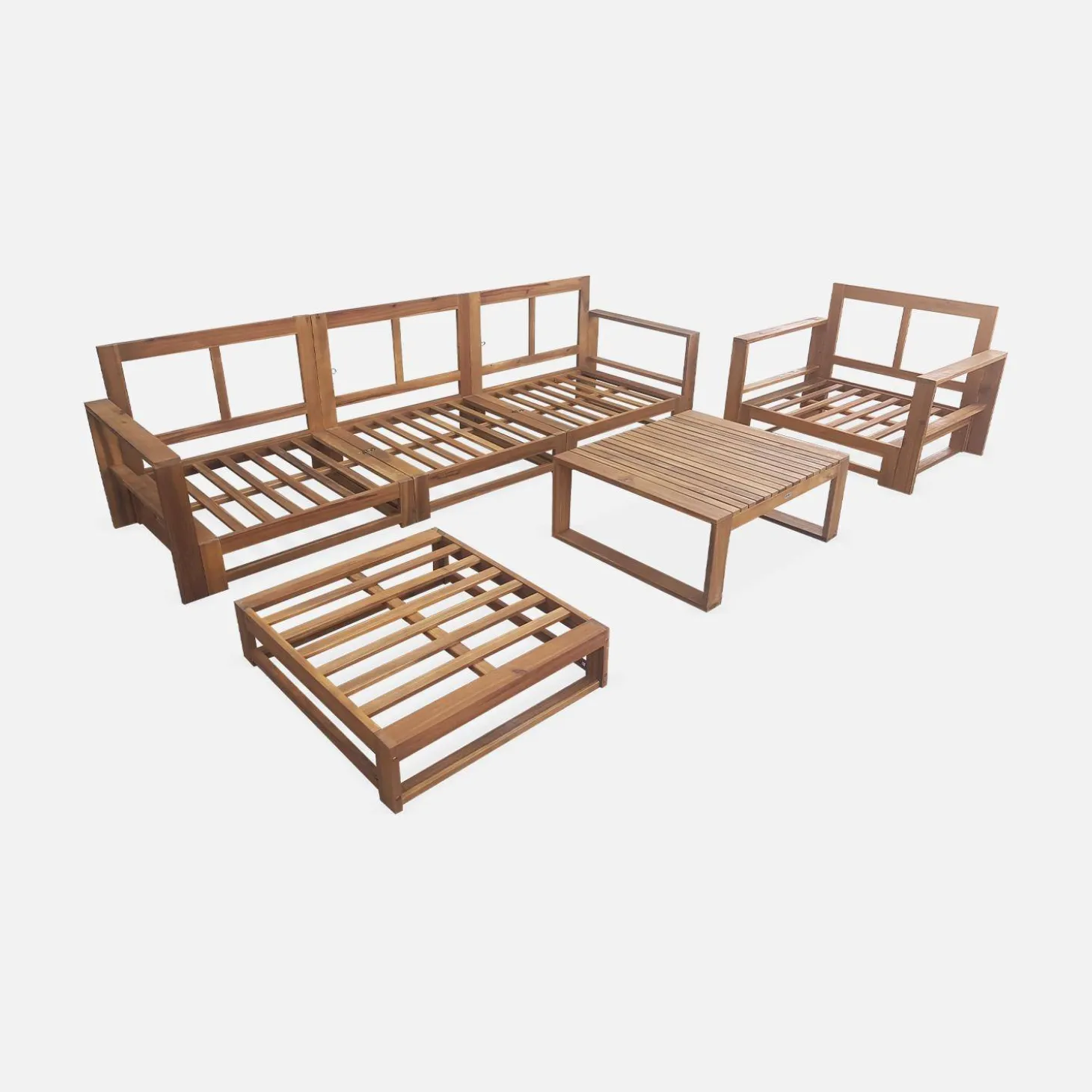 Conjunto de mobiliário de jardim com sofá e poltrona em madeira, 5 lugares
