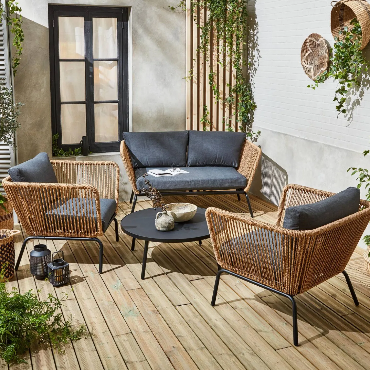 Conjunto de mobiliário de jardim baixo, 4 lugares