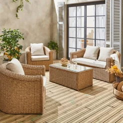 Conjunto de mobiliário de jardim redondo em resina tecida, 4 lugares