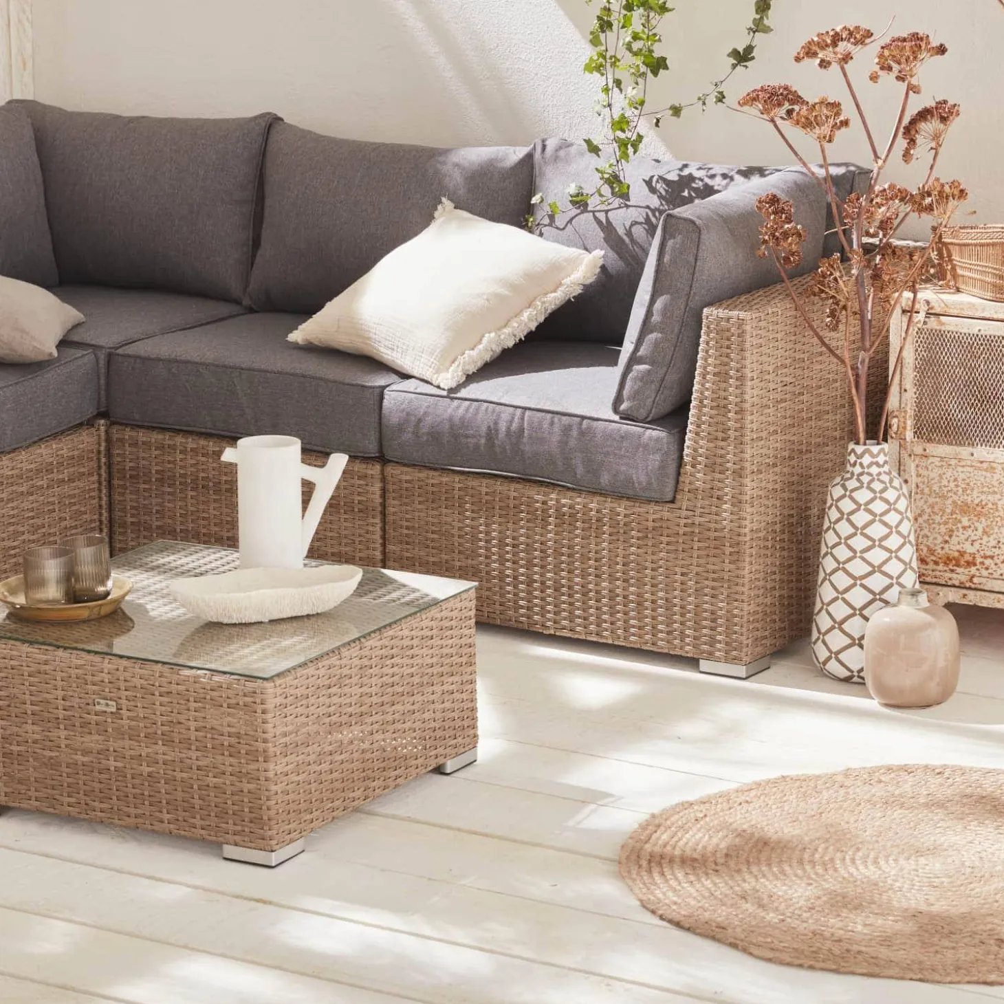 Conjunto de mobiliário de jardim com sofá em resina tecida, 5 lugares
