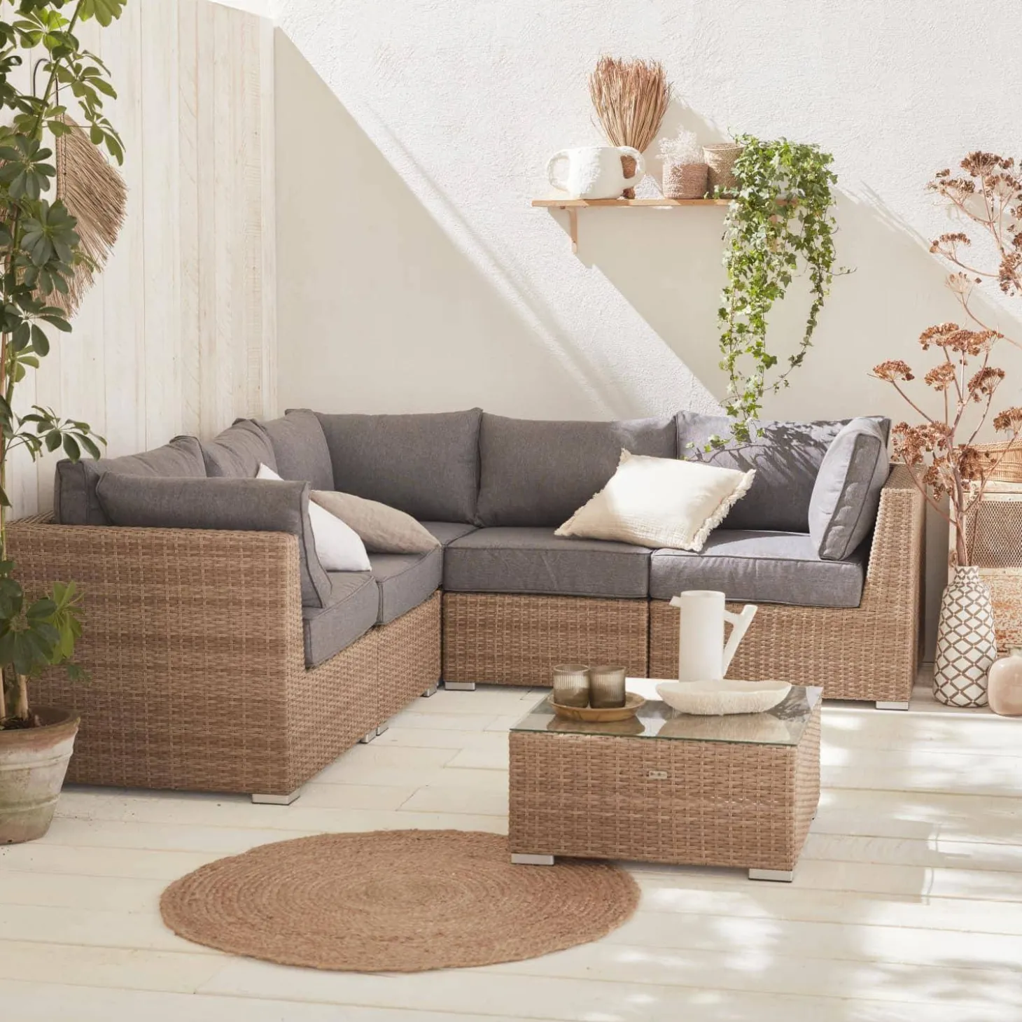 Conjunto de mobiliário de jardim com sofá em resina tecida, 5 lugares