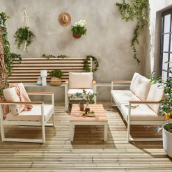 Conjunto de mobiliário de jardim em madeira e alumínio, 5 lugares