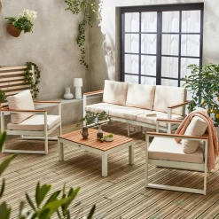 Conjunto de mobiliário de jardim em madeira e alumínio, 5 lugares
