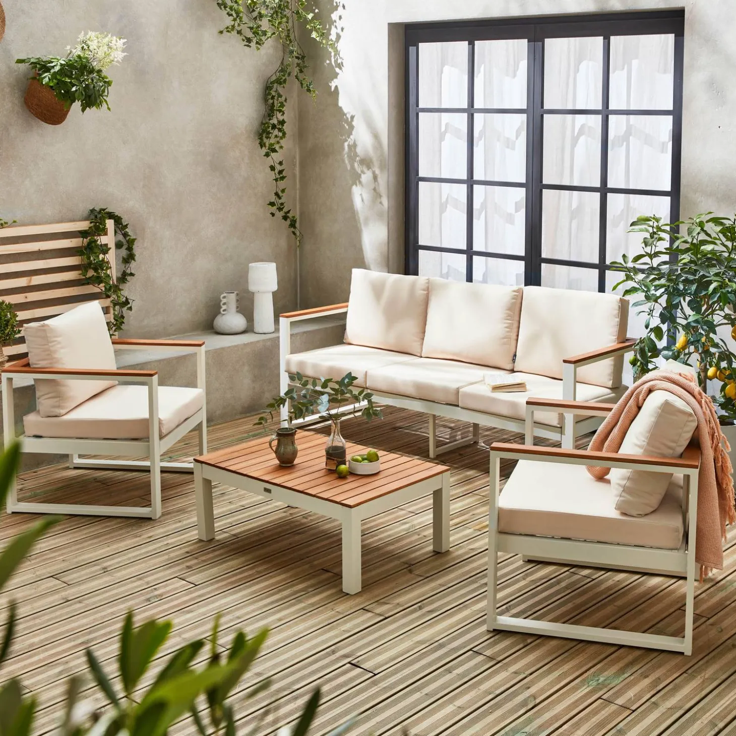 Conjunto de mobiliário de jardim em madeira e alumínio, 5 lugares