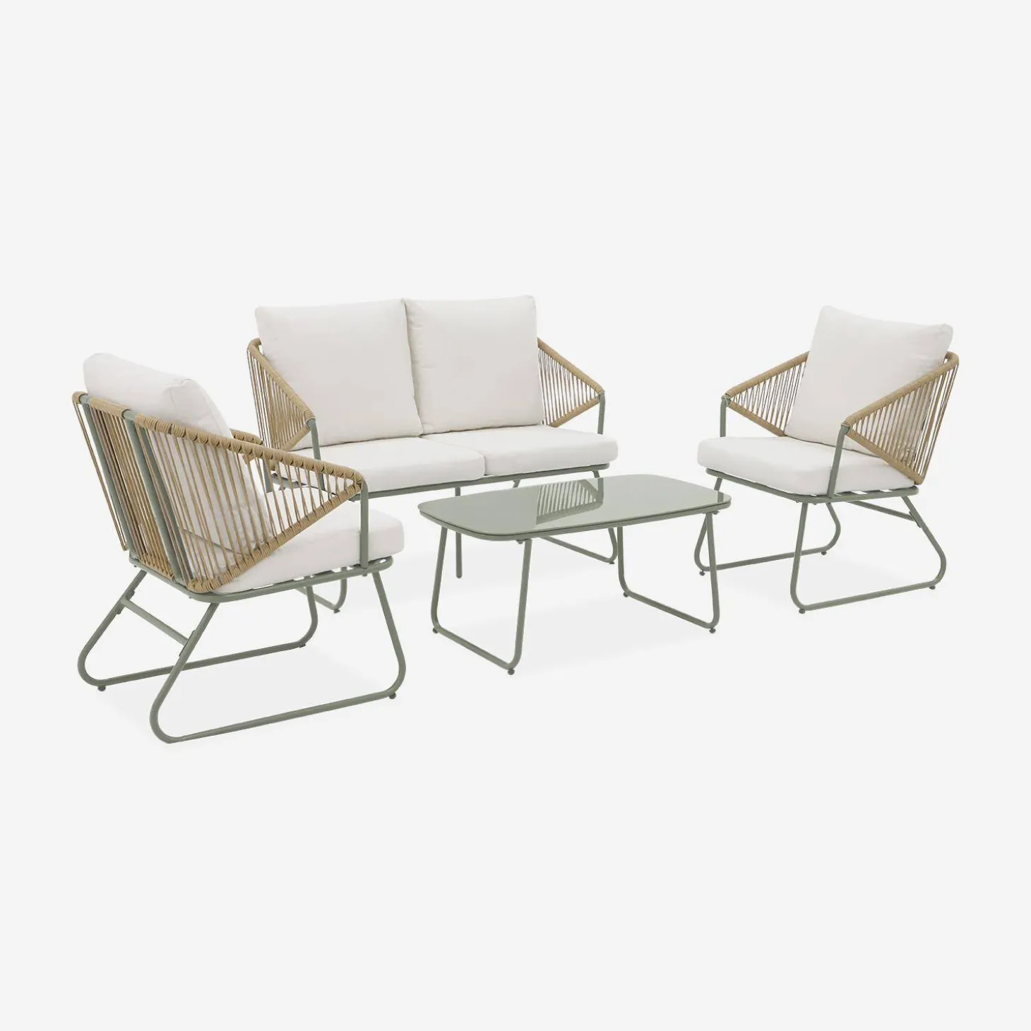 Conjunto de mobiliário de jardim relax em metal e resina natural, 4 lugares