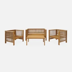 Conjunto de mobiliário de jardim de 4 lugares em madeira e corda