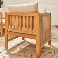 Conjunto de mobiliário de jardim de 4 lugares em madeira e corda