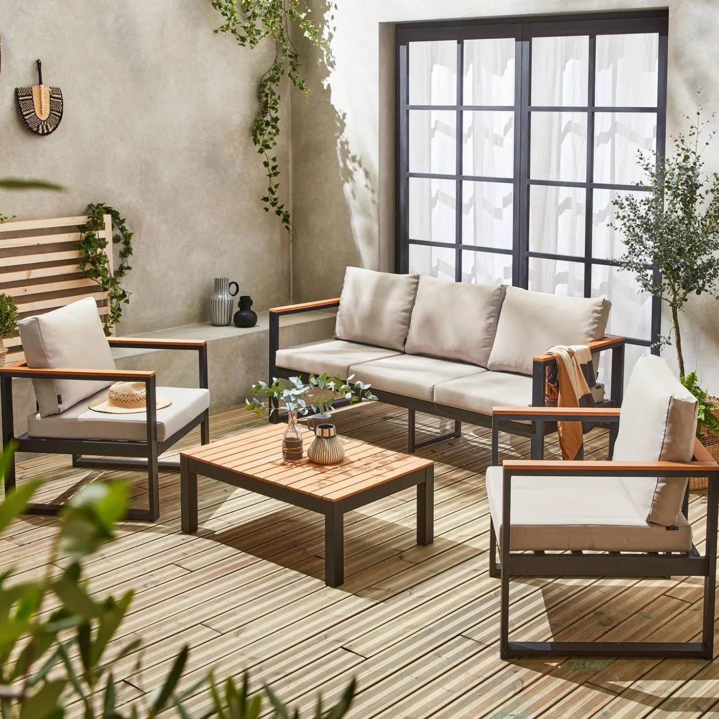 Conjunto de mobiliário de jardim em madeira e alumínio, 5 lugares