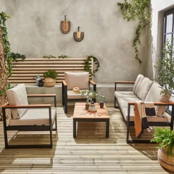 Conjunto de mobiliário de jardim em madeira e alumínio, 5 lugares