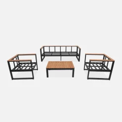 Conjunto de mobiliário de jardim em madeira e alumínio, 5 lugares