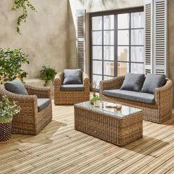 Conjunto de mobiliário de jardim redondo em resina tecida, 4 lugares