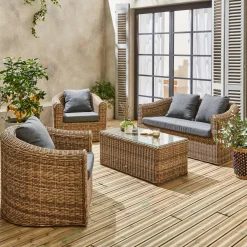 Conjunto de mobiliário de jardim redondo em resina tecida, 4 lugares
