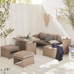 Conjunto de mobiliário de jardim em resina trançada com mesa, 6 lugares