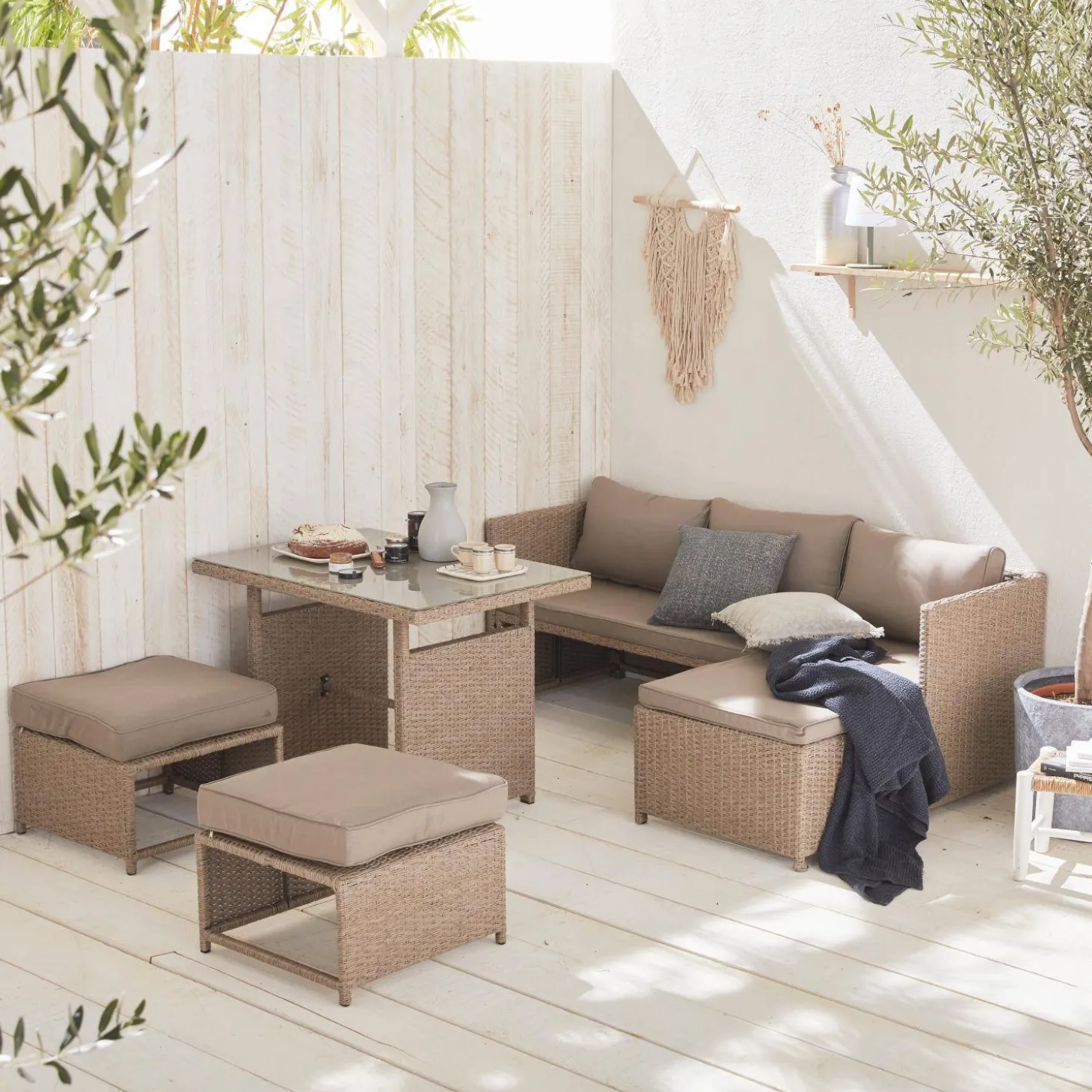 Conjunto de mobiliário de jardim em resina trançada com mesa, 6 lugares