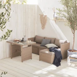 Conjunto de mobiliário de jardim em resina trançada com mesa, 6 lugares