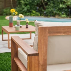 Conjunto de mobiliário de jardim com sofá e poltrona em madeira, 5 lugares