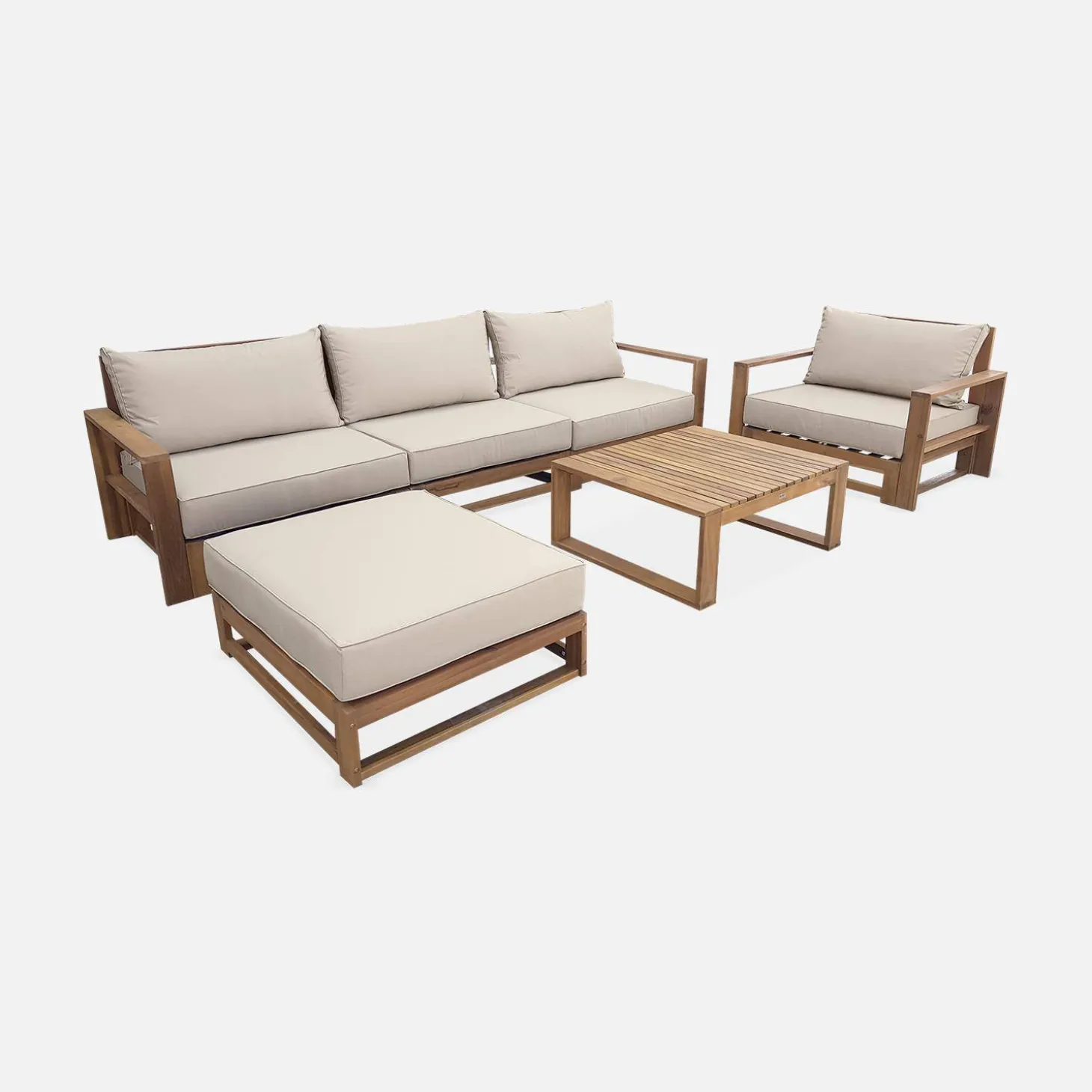 Conjunto de mobiliário de jardim com sofá e poltrona em madeira, 5 lugares