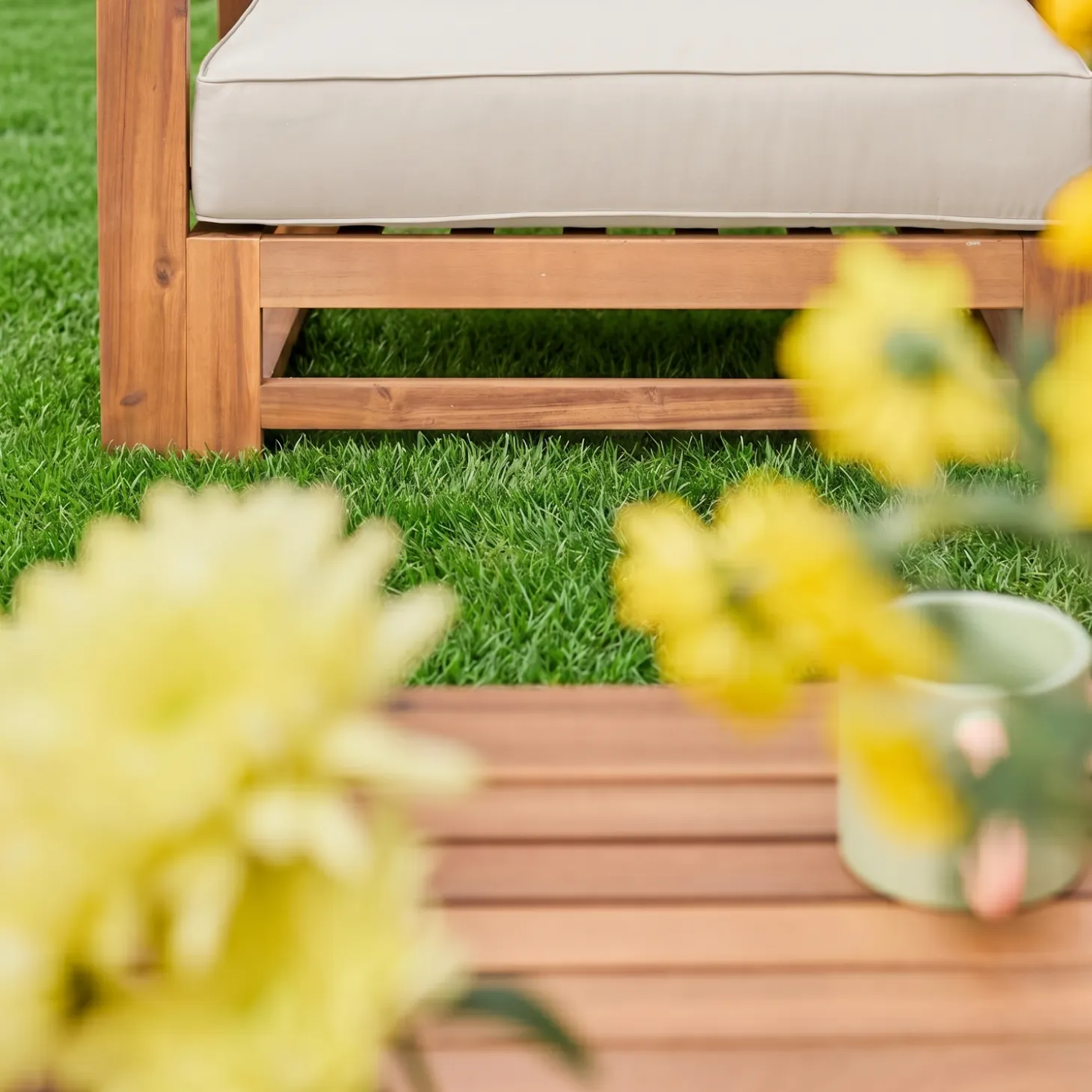 Conjunto de mobiliário de jardim com sofá e poltrona em madeira, 5 lugares