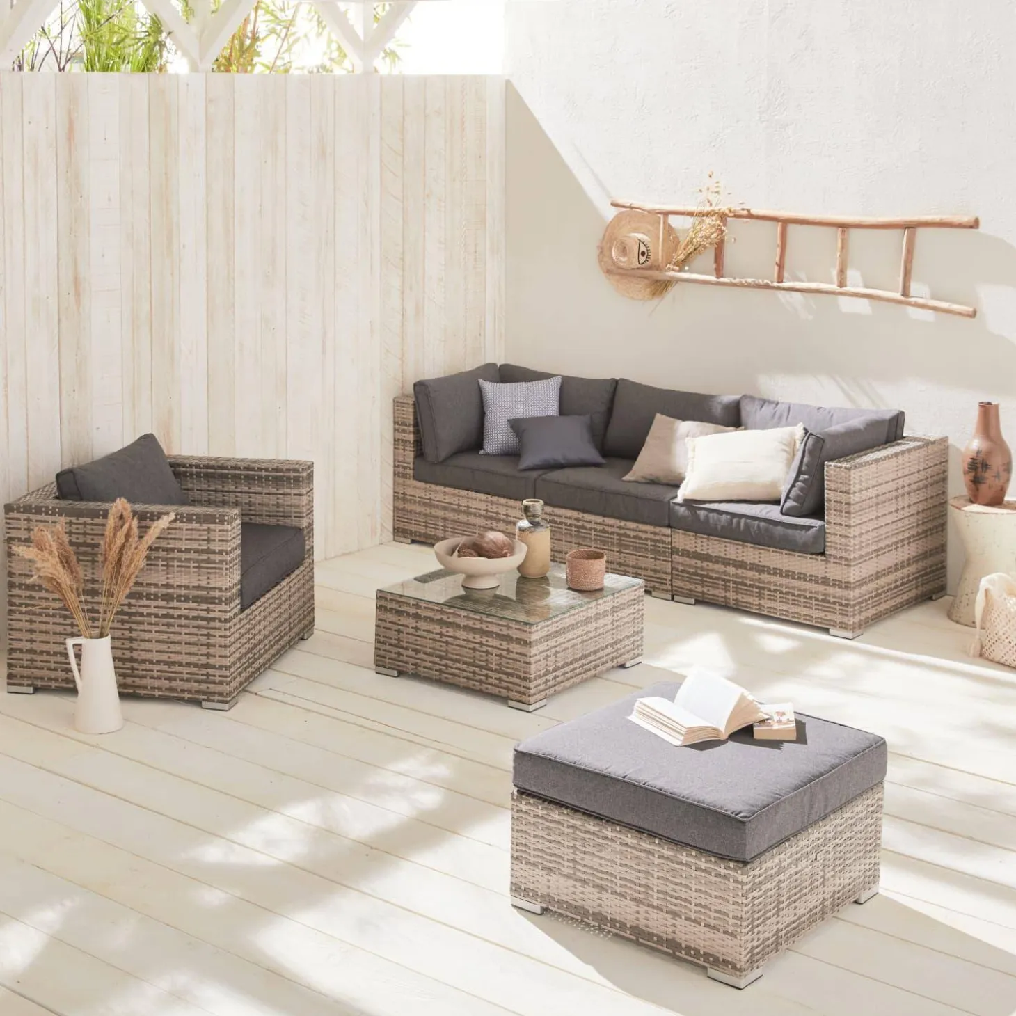 Conjunto de mobiliário de jardim com sofá em resina tecida de 5 lugares