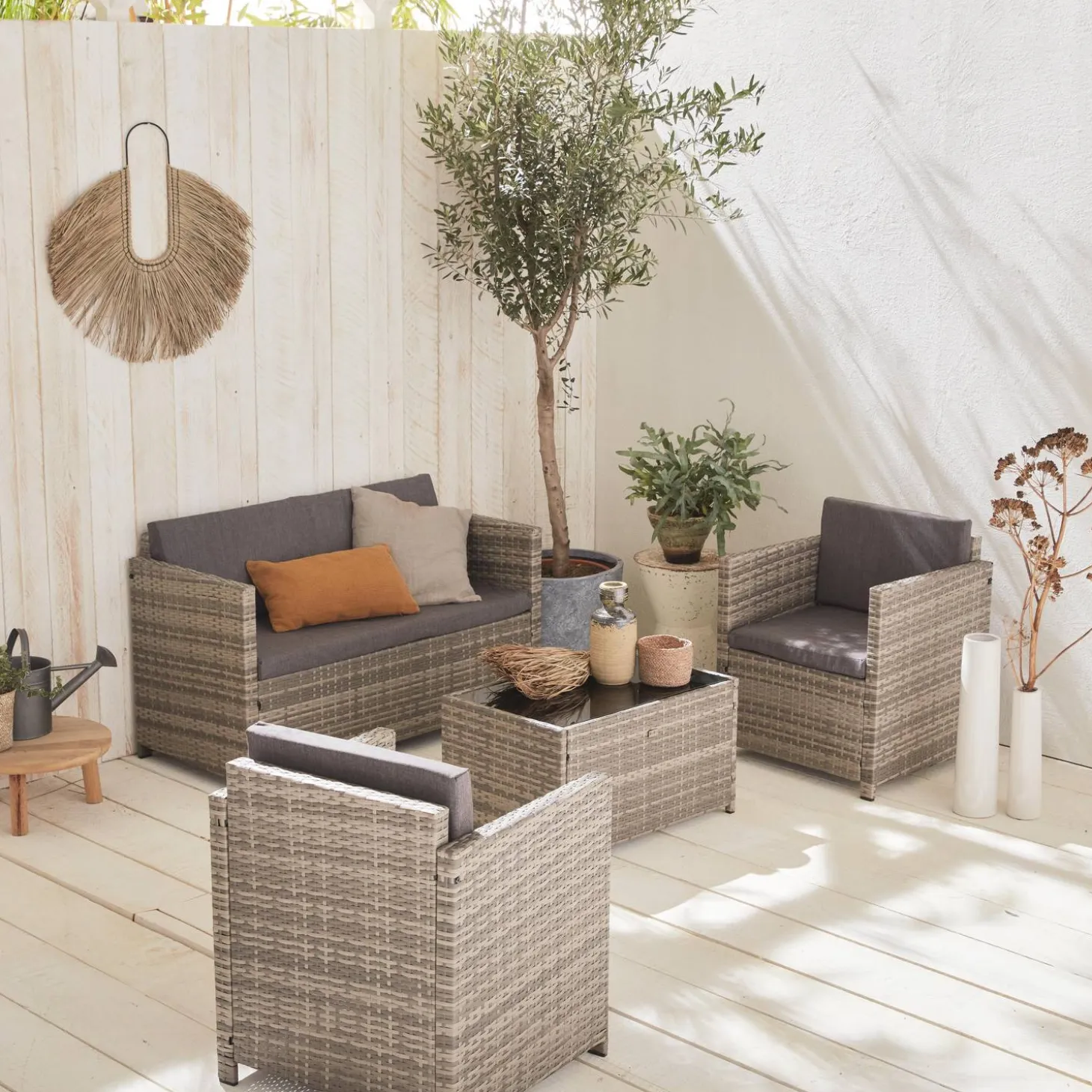 Conjunto de sofá de jardim de 4 lugares em resina tecida