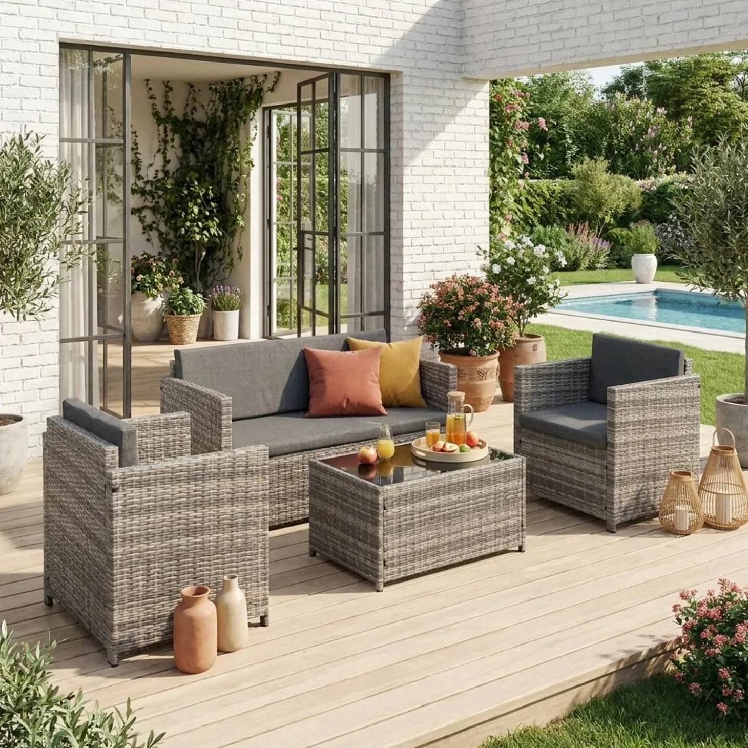 Conjunto de sofá de jardim de 4 lugares em resina tecida