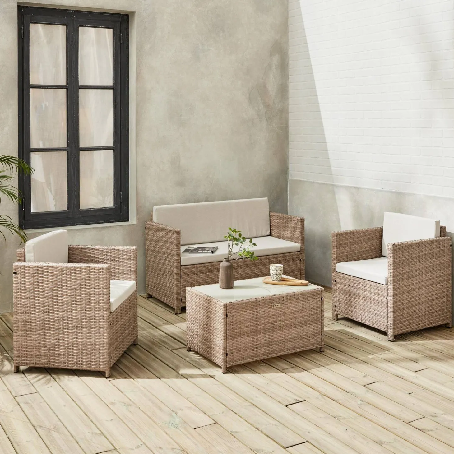 Conjunto de sofá de jardim de 4 lugares em resina tecida
