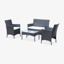 Conjunto de sofá de jardim em resina trançada, 4 lugares