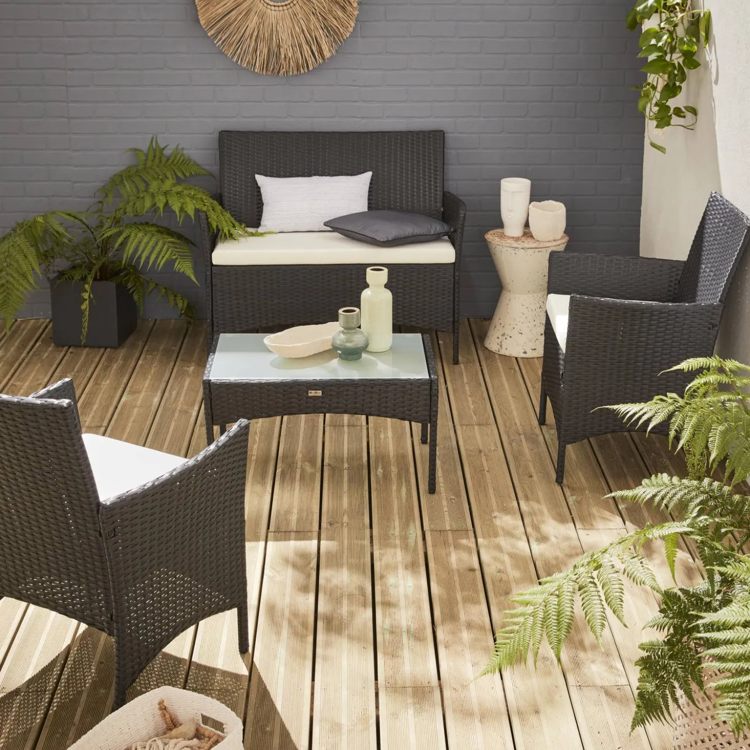 Conjunto de sofá de jardim em resina trançada, 4 lugares