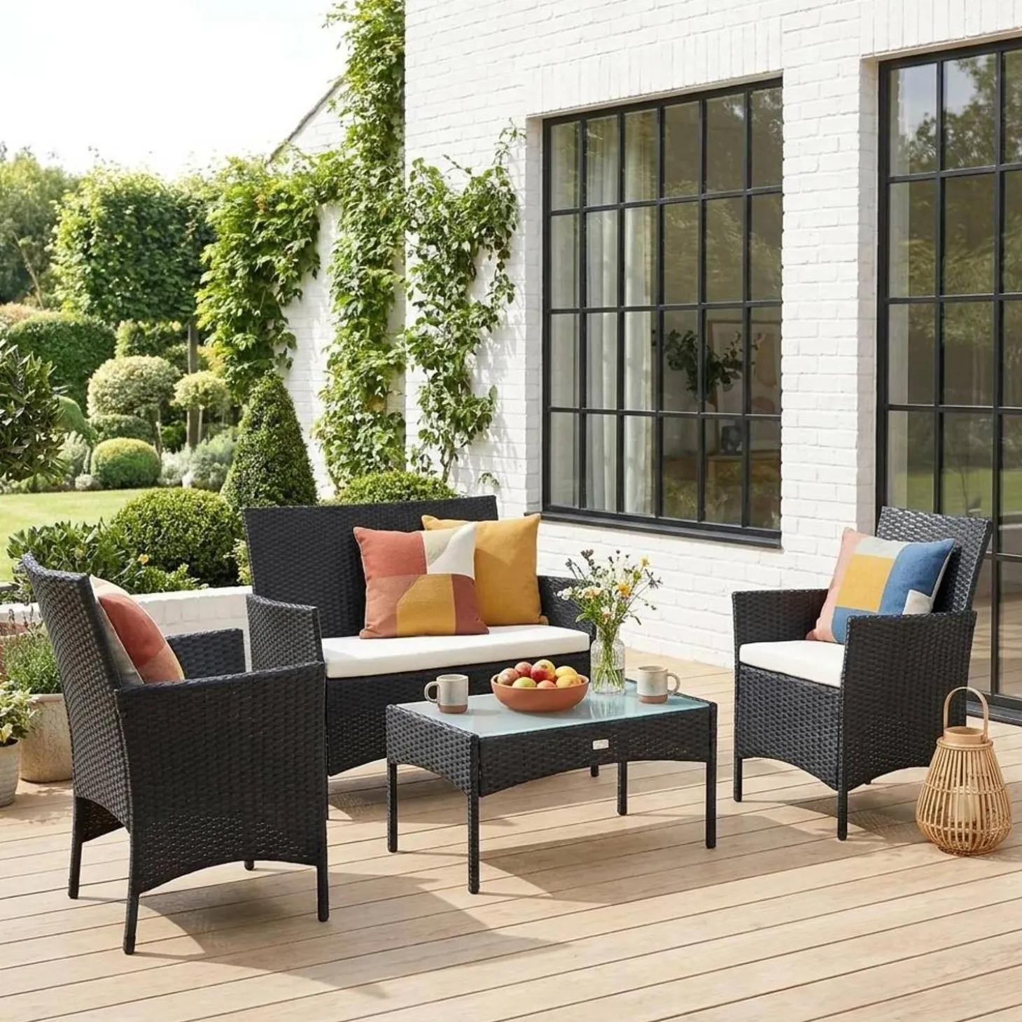 Conjunto de sofá de jardim em resina trançada, 4 lugares