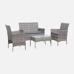 Conjunto de sofá de jardim em resina trançada, 4 lugares