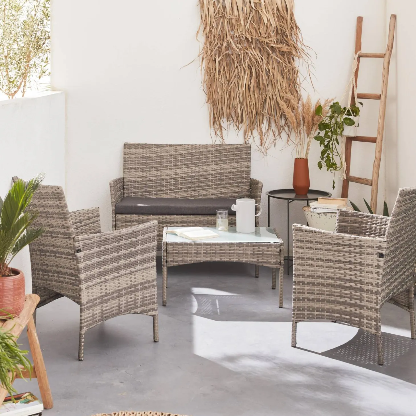 Conjunto de sofá de jardim em resina trançada, 4 lugares