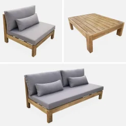 Conjunto de sofá de jardim relax em madeira, 5 lugares