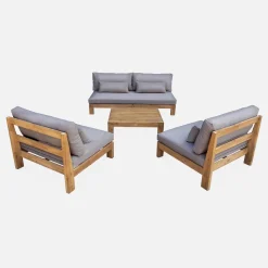 Conjunto de sofá de jardim relax em madeira, 5 lugares